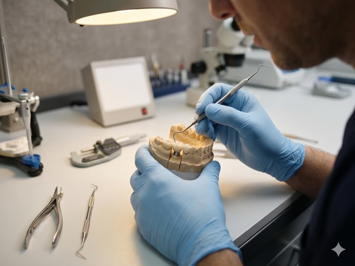 Técnico dental trabajando en prótesis a medida — Clínica Araque Las Rozas